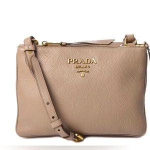 Prada Vitello Daino Double Zip Crossbody Bag Cammeo